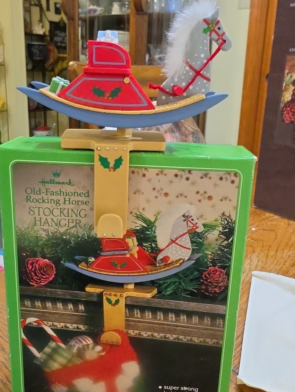 Vintage Hallmark Red and Gray Rocking Horse Stocking Hanger with Gold Accents